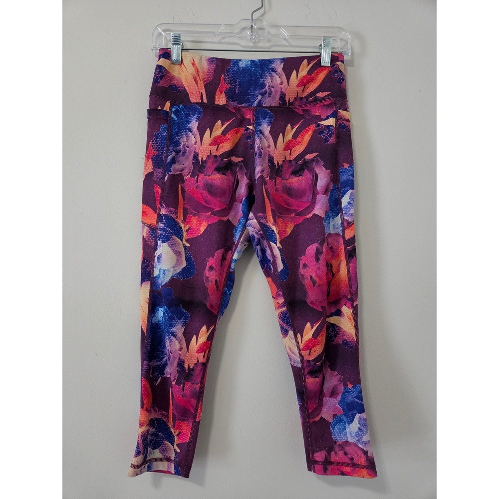 Senita Athletics Floral Crop Leggings Purple Pockets Medium High Waist Yoga Run